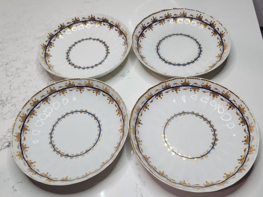 Set Of 4 Crown Derby 18th Century Fluted Gold and Blue Bowls Saucers Puce Mark